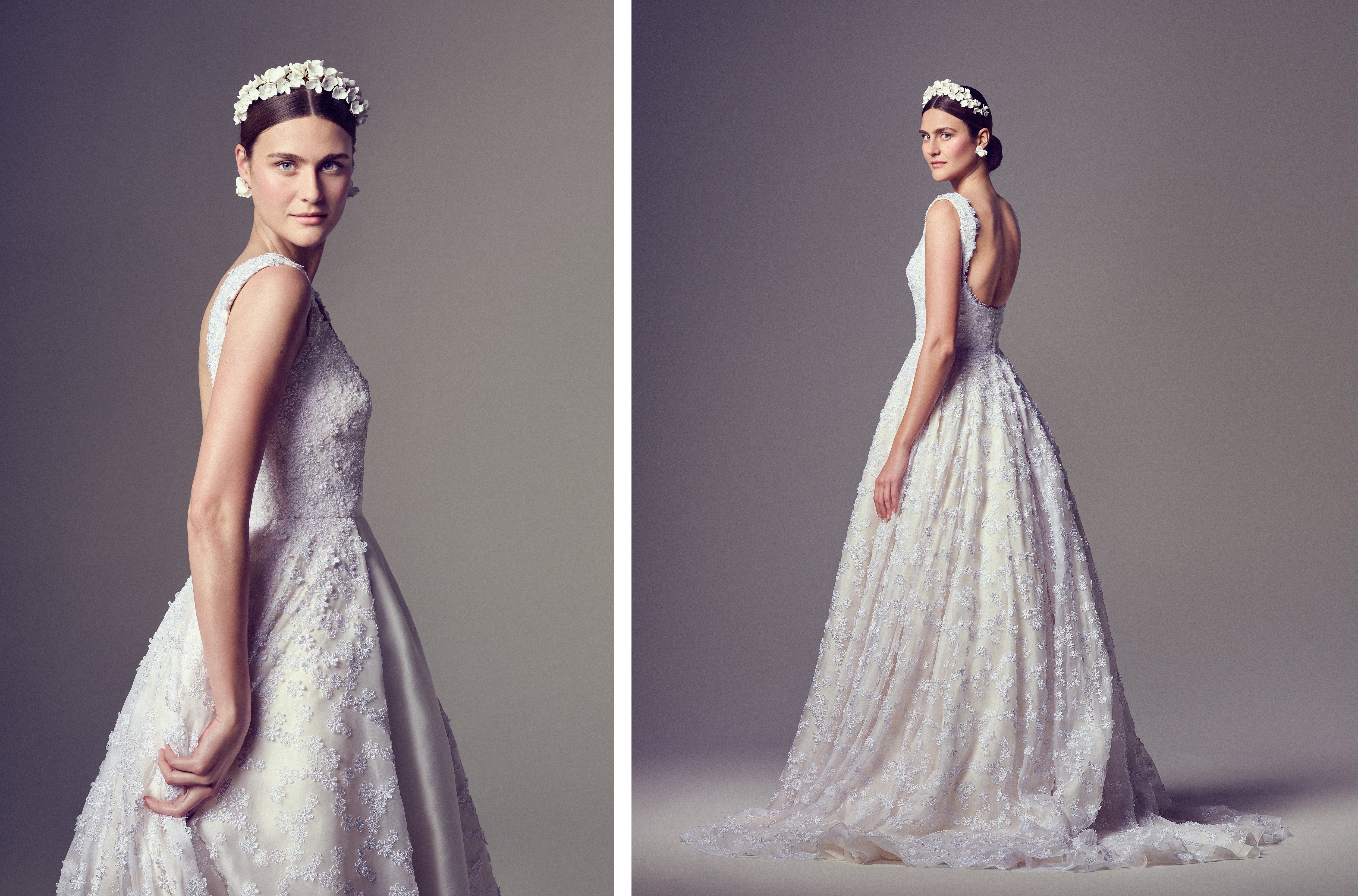 Two angles of a custom, bespoke, made-to-order bridal gown featuring a sleeveless bodice and open back. The gown is fully embellished with three-dimensional floral embroidery that blends seamlessly into the base. Styled with floral earrings and a handcrafted headband, on a grey backdrop.