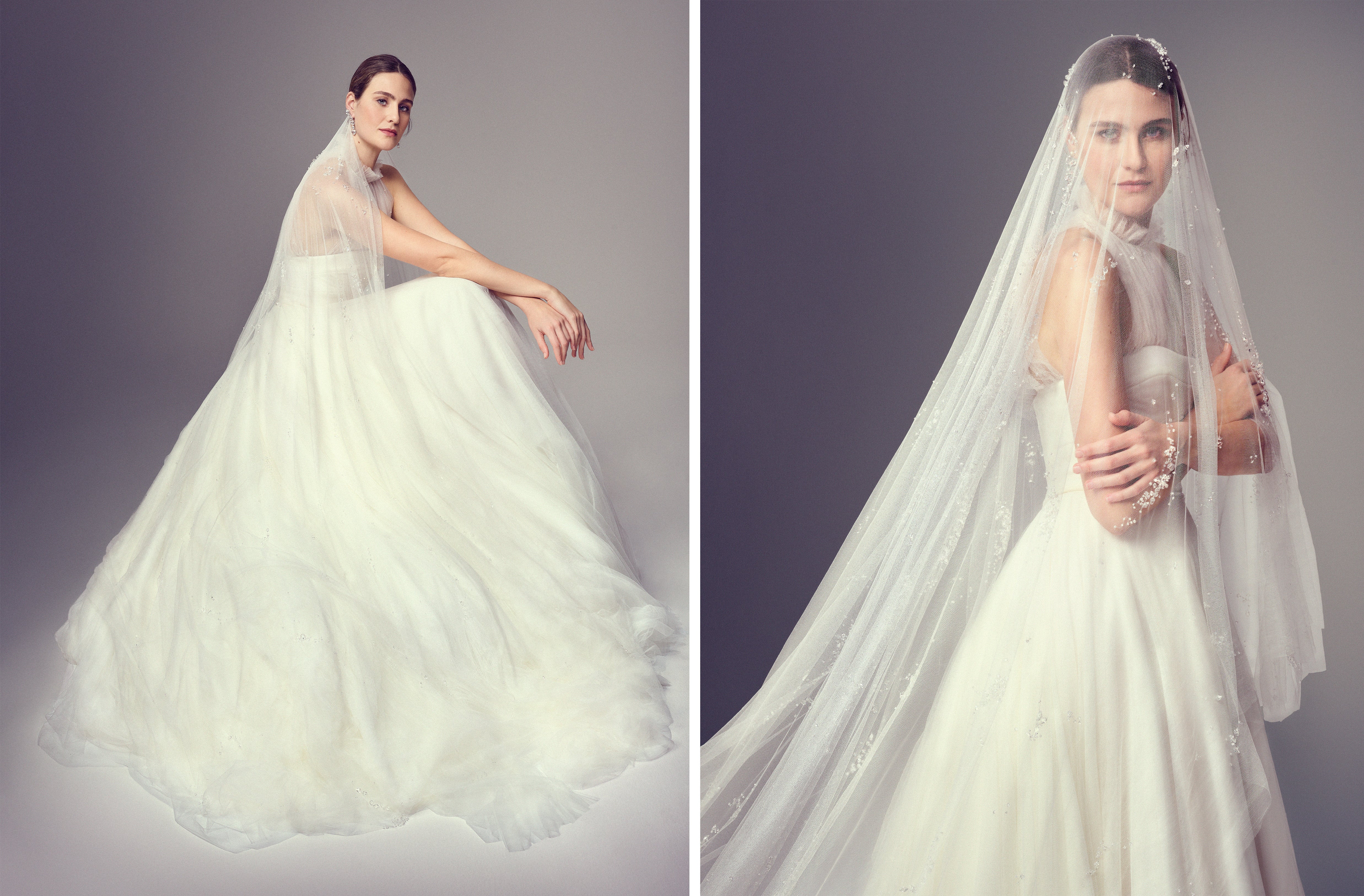 Model wears a strapless, full-skirted gown crafted from layers of soft tulle. The look is styled with a delicate, embellished tulle veil draped over the shoulders and face, adding ethereal texture and subtle sparkle. Gown is custom, bespoke, and made-to-order.