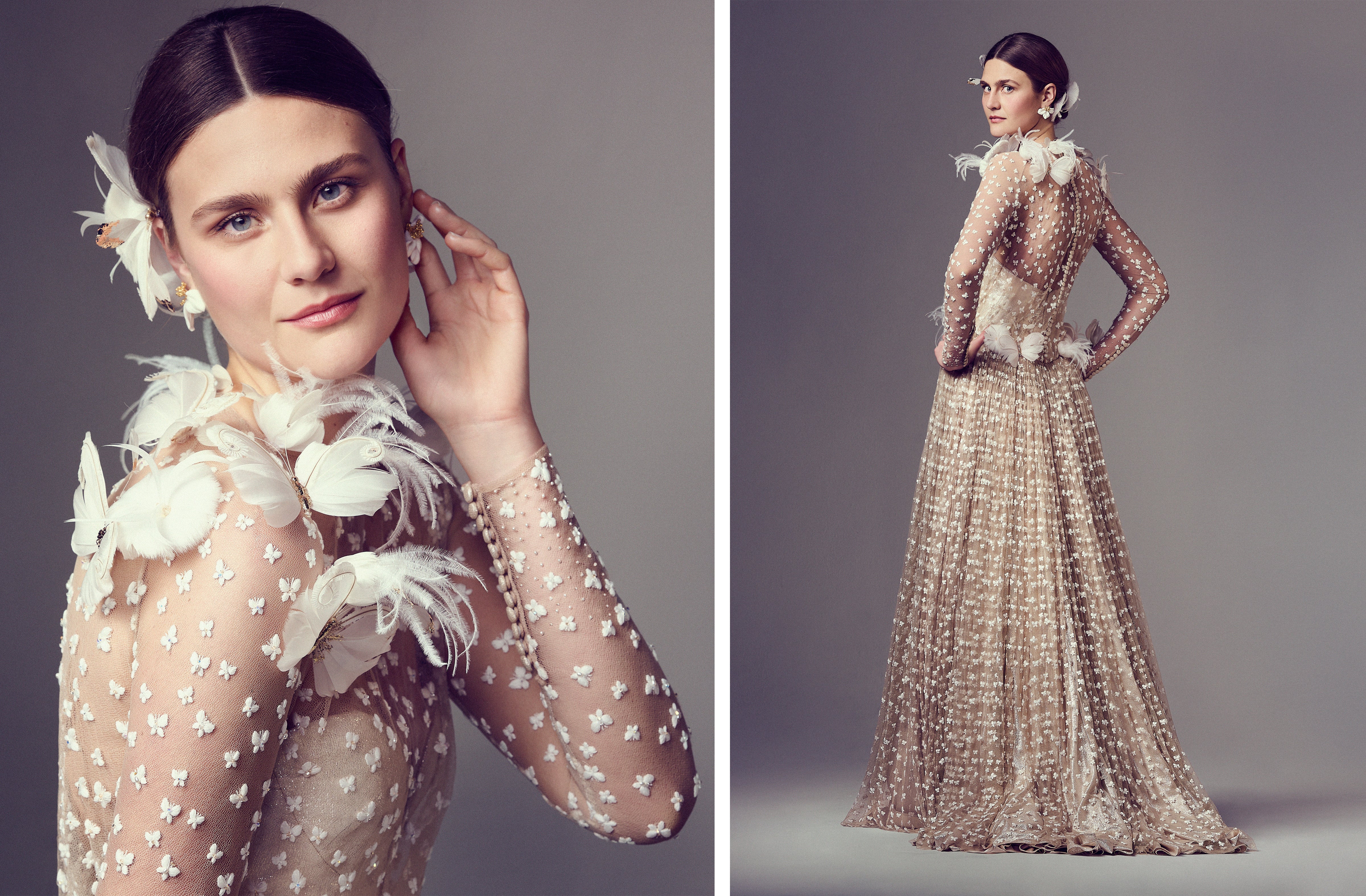 Split view of model in a blush-toned butterfly-embroidered gown with sheer long sleeves. Front close-up shows butterfly appliqué and feather accents; back view reveals a softly pleated skirt and fitted silhouette with light-catching texture.