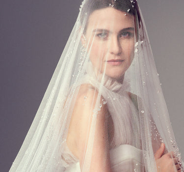 Bridal portrait of a model wearing a wedding dress and veil.